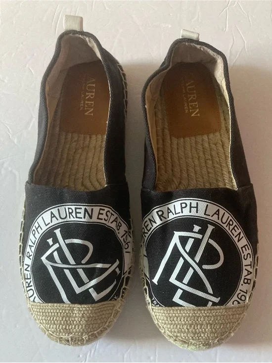 Ralph Lauren SZ 7.5 Black Espadrilles prominent white logo.Slip on flats.