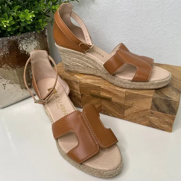 La Scarpa Paris Espadrille Wedge Sandals‎ Ankle Strap Open Toe Tan Leather EU 37