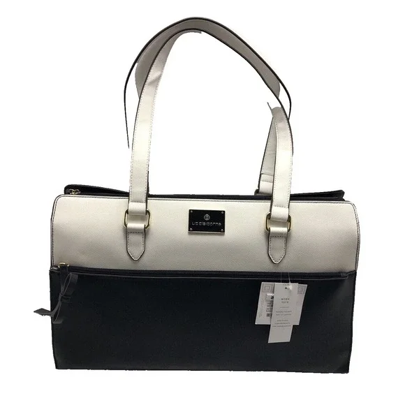 Liz Claiborne‎ lined shoulder bag faux leather laptop compartment Black and Beig