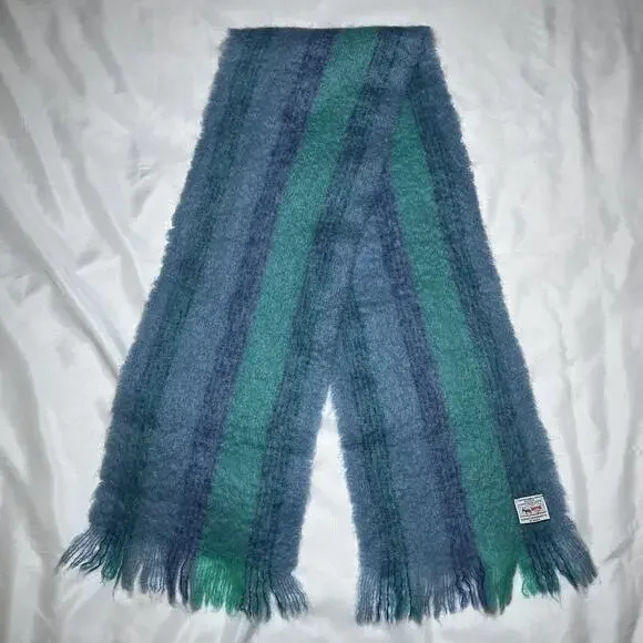 Avoca Handweavers Scarf Mohair Wool Blend Handwoven Blue Striped 58”x10”