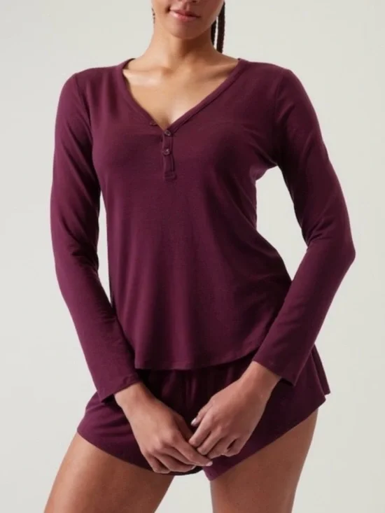 ATHLETA Nighttime Bliss Sleep Top Burgundy Henley Long Sleeve NWT M