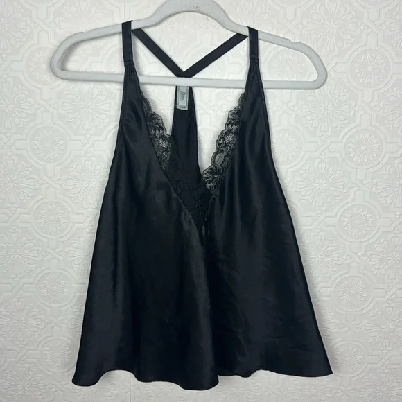 Flora Nikrooz Satin Silky Tank Top‎ Lingerie Secy Lacey Lace Black Pjs Pajamas