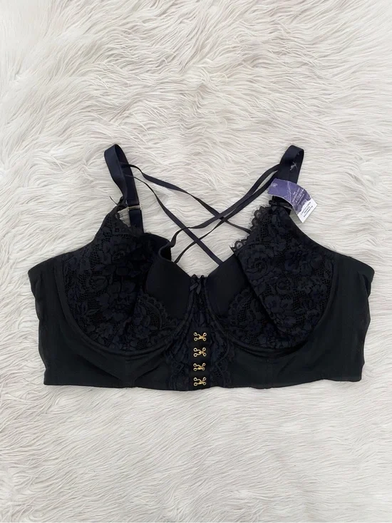 Cacique Lane Bryant Black Lace Lightly Lined French Balconette Bra Lingerie 50DD