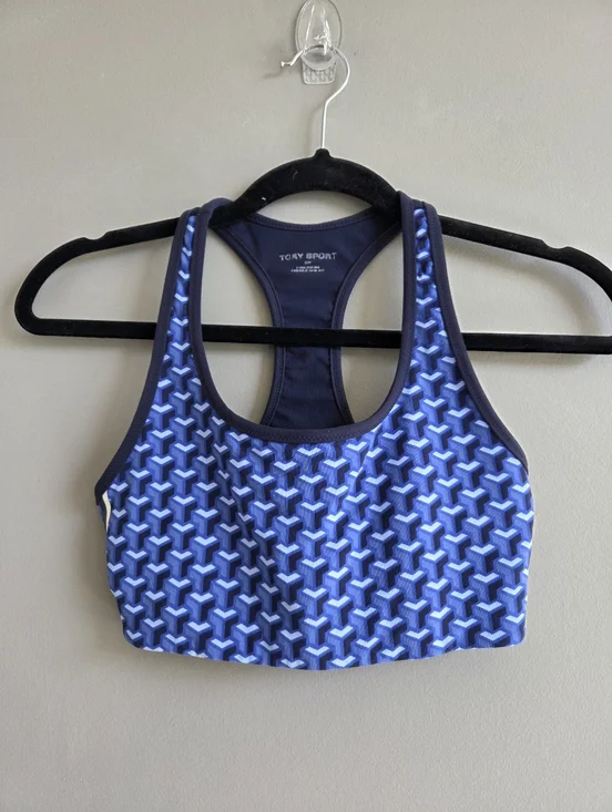 Tory Sport Geometric Racerback Sports Bra In Navy Blue Size S