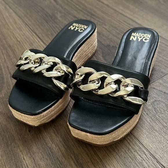 Madden NYC Womens Chain Espadrille Shoes /‎ Sandals / Slip On Slides Black Sz 6