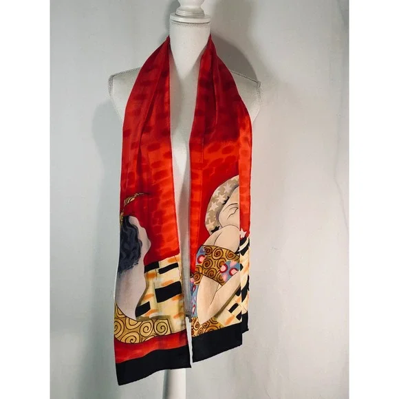 Art Nouveau Klimt Style Silk Scarf Red Graphic Print Artistic Long Wrap Scarf