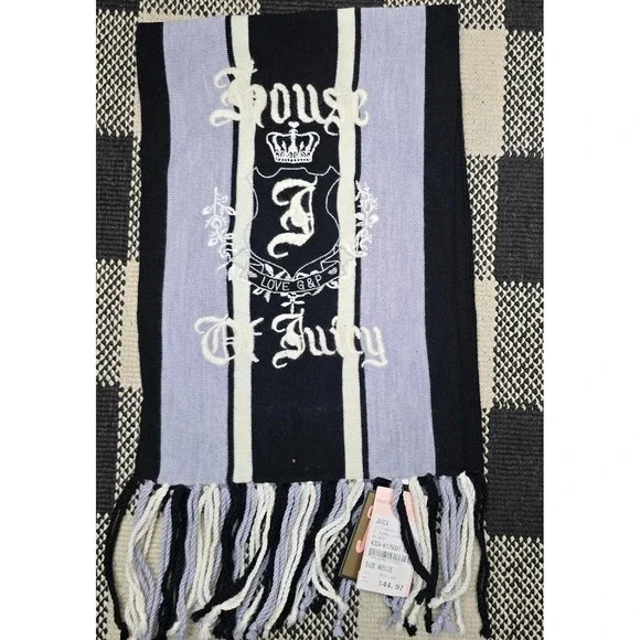 Juicy Couture House Of Juicy Scarf Wrap Fringed Gray‎ White Black Soft Warm NWT