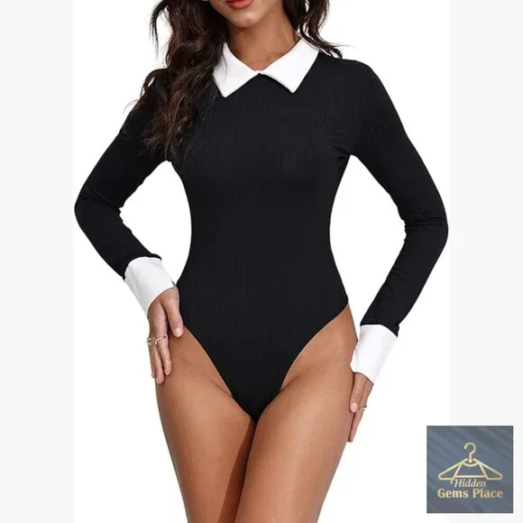 Long Sleeve Bodysuit Top with Keyhole Back and Doll Collar
