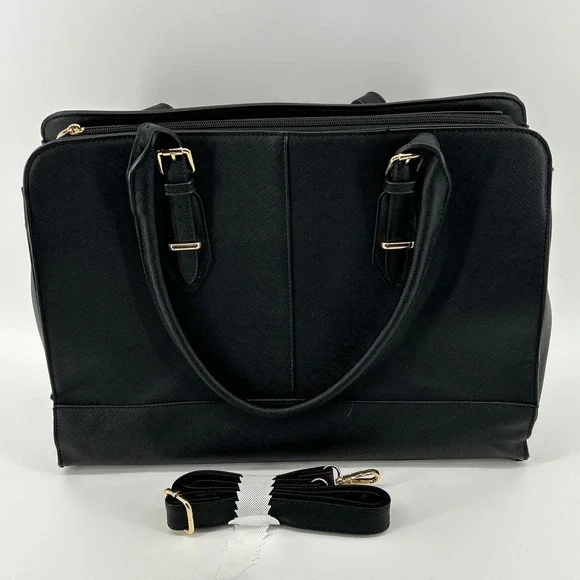Black Saffiano Faux Leather Laptop Strap Tote Commuter Bag Work Briefcase Travel