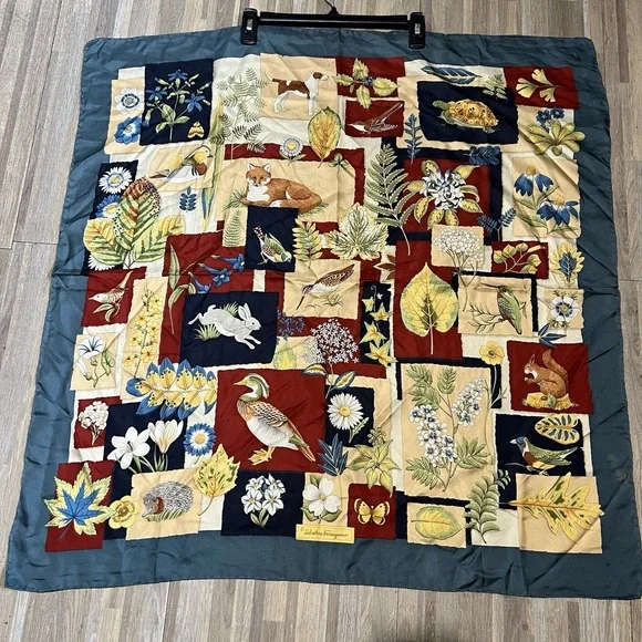 Vintage Salvatore Ferragamo Silk Italy Duck Fox Nature Birds Squirrel
