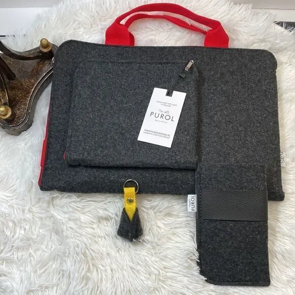 PUROL FELT LAPTOP SLEEVE Dark Gray With Red Handle Hand Made NWT