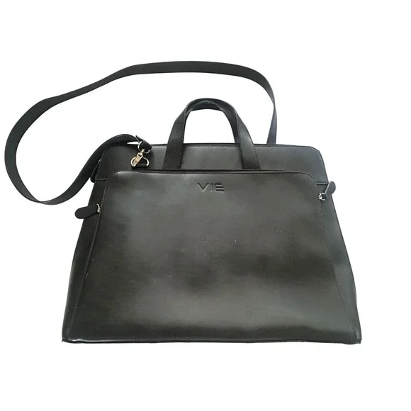 Vie Black Leather Laptop Briefcase Bag Purple Lining Work Tote Messenger