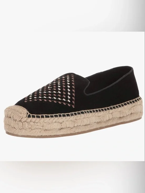 Jack Rogers Black Embroidered Luna Suede Espadrille Loafers Preppy Boho Vacation