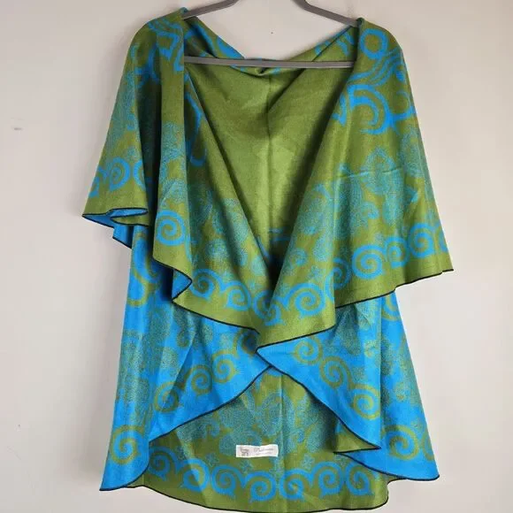 Pashmina Womens Reversible‎ Cape Gree Blue Paisley Cashmere Wrap Shawl One Size.