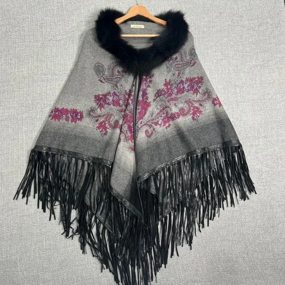 La Fiorentina‎ Paisley Wool Poncho Cape Shawl Stole Fox Fur Trim Leather Fringe