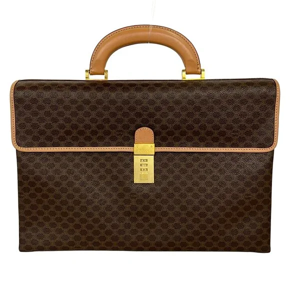 Celine Macadam Business Bag Dark Brown Beige PVC Leather