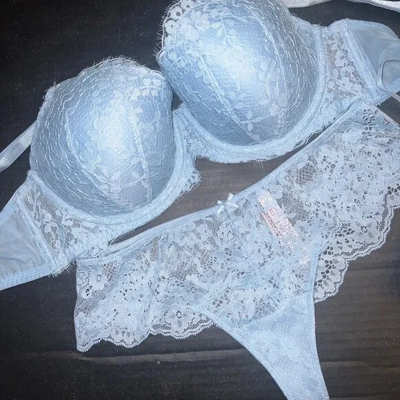 Victoria's Secret 32DDD BRA SET S thong panty Baby sky BLUE lace DREAM ANGELS