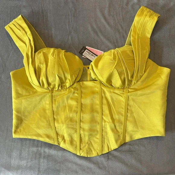 PrettyLittleThing Women Corset 16 Chartreuse Satin Ruched Bust Plus Zip Overbust