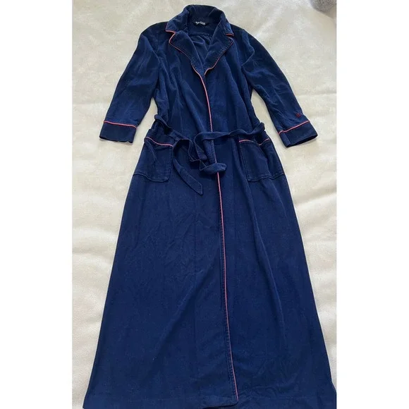 Vintage Pierre Cardin Navy Blue Full Length Robe Pink Trim Logo Embroidered