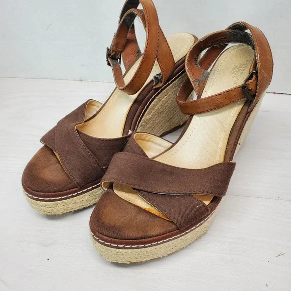 Lands End Canvas 1963 Brown Espradille Sandals Open Toe Wedge Heel Size 8 B