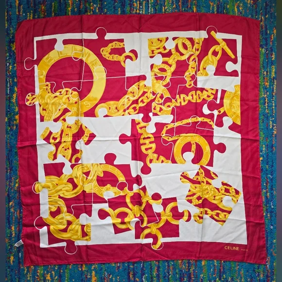 EUC Celine‎ Red and Yellow Puzzle And Chain 100% Silk Scarf