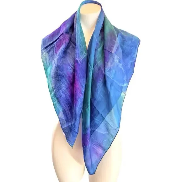 Hand Made Silk Scarf Ocean Blue Purple Sheer Wrap Art To Wear 34x 34”