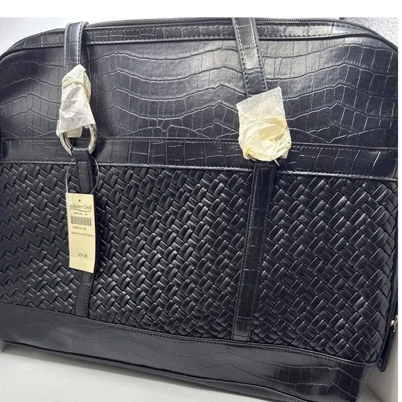 Coldwater Creek Hampton Computer Bag Black Woven Croc Embossed Laptop Tote NWT