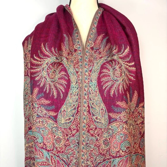 Pashmina Paisley Fuchsia Pink Teal Blue Jewel Tone Boho Silk Blend Scarf Wrap OS