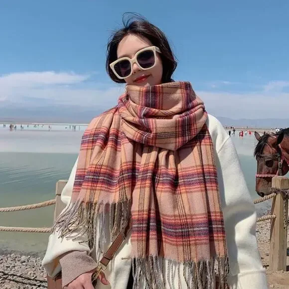 2/$30 NEW Cozy Oversized Plaid Blanket Scarf Pink Tan