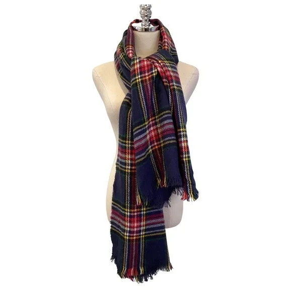 Womens Navy‎ Blue Red Plaid Tartan Fringe Blanket Scarf 31