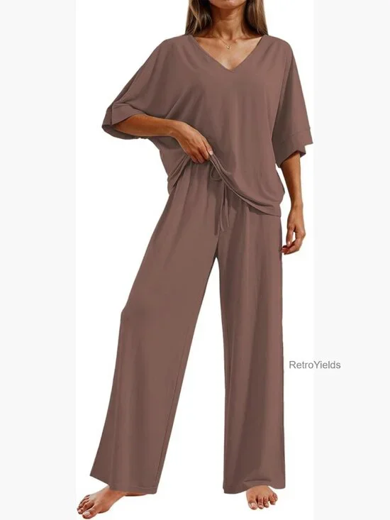 2 Piece Lounge Set Short Sleeve Top & Long Pants Pajama Set S-XXL
