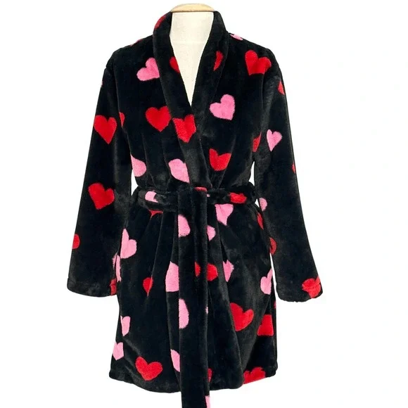 Kate Spade Womens Bathrobe M Black Plush Wrap Tie Red Pink Hearts Loungewear