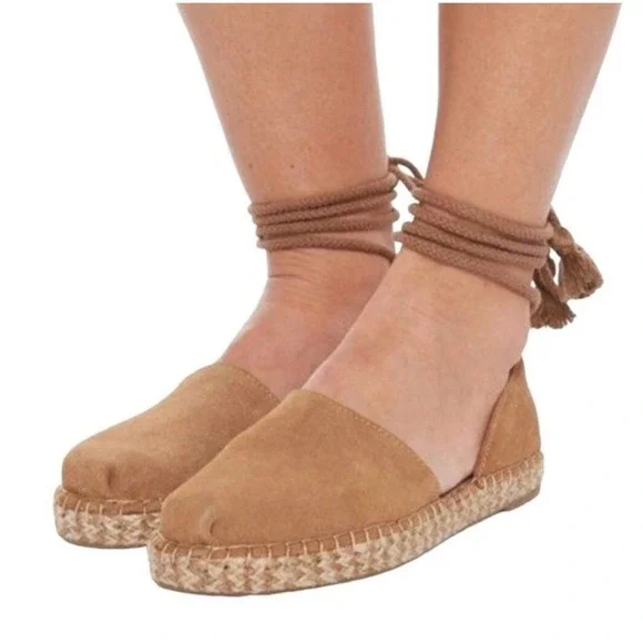 New Toms Katalina Suede DOrsay Flat Espadrilles Tan Size‎ 11 Tasseled Lace Up