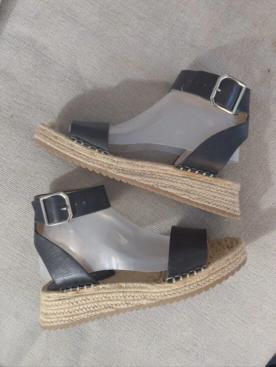 ANTONIO MELANI Black Leather Espadrille Platform Sandals Size 9.5