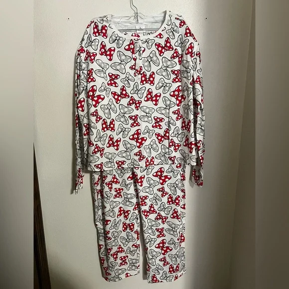 DISNEY Classic Minnie Mouse Bow 2 Piece Pajama‎ Set White Red Grey Women's Sz 1X