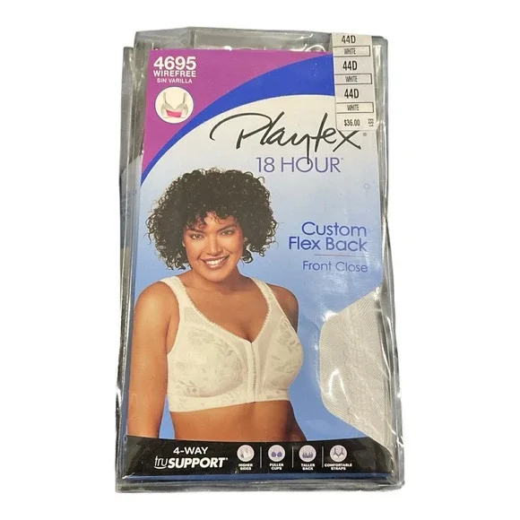 Playtex Bra Womens 44D White 18 Hour Custom‎ Flex Back Front Close Wirefree 4695