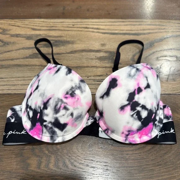 Victoria's Secret PINK Wear Everywhere Push-Up Bra 32C Tie Dye Pink‎ Black White