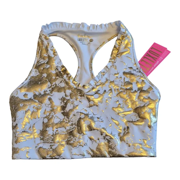 Lilly Pulitzer Luxletic Lindsay UPF 50+ Gold Foil Sports Bra – XS