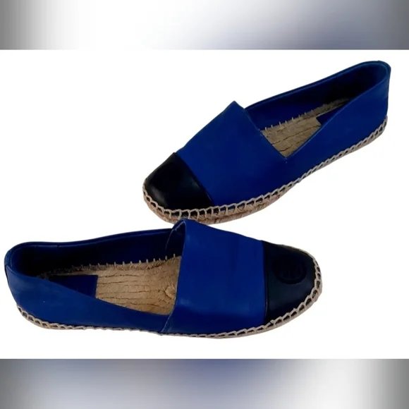 Tory Burch Color-Block Flat Espadrilles in Jelly Blue and Tory Navy.