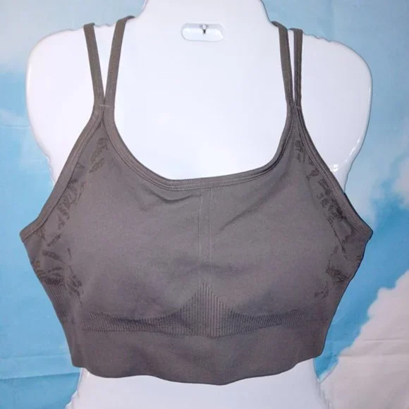 Grey Sultopy Seamless Strappy Criss-Cross Back Ribbed Sports Bra NEW