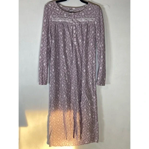 Vintage Grandmacore Pink Flannel Nightgown Lace Trim Button Front Cottagecore M