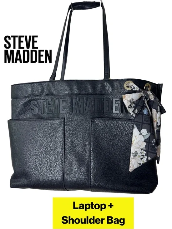 STEVE MADDEN 🪷 Pebbled Black Leather Large Laptop Tote, Floral Scarf Accent