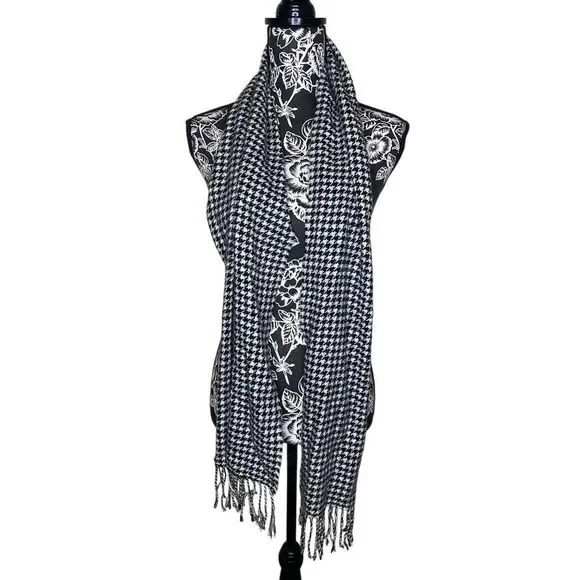 Black White Houndstooth Tassel Scarf Classic Checkered Wrap Winter Shawl Boho