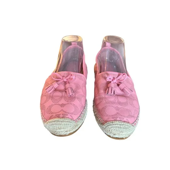 Coach Pink Perforated Leather Signature C Espadrille‎ Flats with Tassels