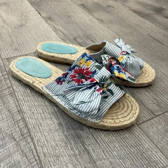 Vintage Havana Lilly Blue Floral Striped Bow Espadrille Slide Sandals Woman's 10