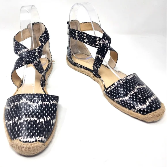 Calvin Klien SAM black‎ ivory printed ankle strap flat Espadrille 6