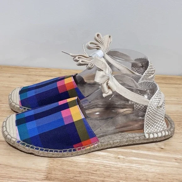 J. Crew Navy Blue Madras Plaid Ankle Tie D'Orsay Flat Espadrilles size 10.5 NEW