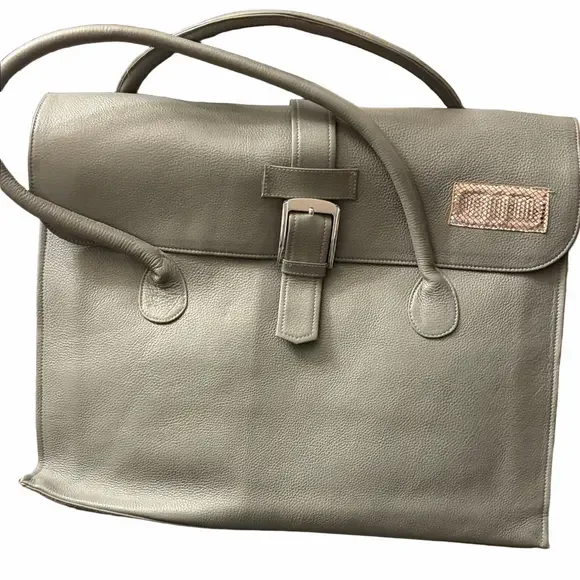 English Grey large Leather computer Attache bag Rare silver toned buckle.