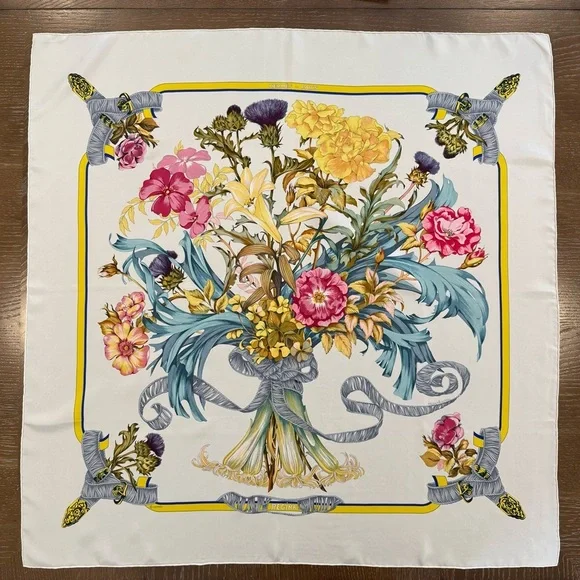 Hermes Floral Silk Scarf with Ribbon Design 35”