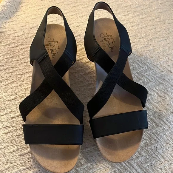 Life stride Flex summer low wedge cork festival sandals size 9m